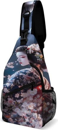 Generic Geisha Moon Flowers Crane Mens Shoulder Bags Sling Crossbody Backpack Travel Hiking Chest Bag with Small Side 38x20cm