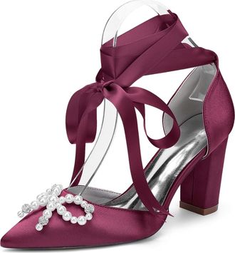 Generic Bridal Wedding Shoes Womens Chunky Heels Closed Toe Pointed Toe Heels with Bow and Crystal Pearl 8.5Cm,Burgundy,10 UK