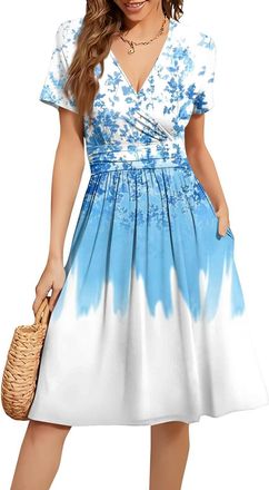 Generic Occasion Dresses for Women UK, Womens Summer Wrap Dress Ladies Casual Loose Comfortable Short Sleeve V-Neck Floral Beach Dresses with Pockets Birthday
