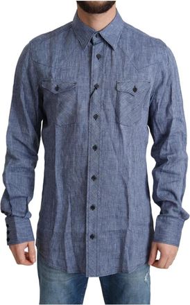 Dolce & Gabbana Blauwe Strepen Heren Casual Overhemd - Heren - Casual Overhemden - Blauw - M - Linnen - Overhemden
