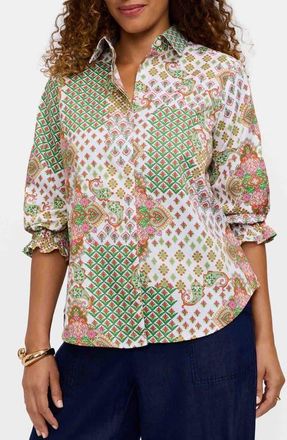 Foxcroft Olivia Patchwork Print Button-Up Shirt in Green Multi at Nordstrom, Size X-Large