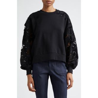 Cinq &agrave; Sept Lace Sleeve Cotton Sweatshirt in Black at Nordstrom Rack, Size Small