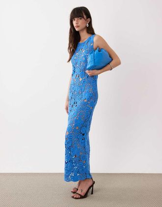SNDYS Vestito lungo traforato alluncinetto in misto cotone blu a fiori