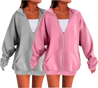Generic 2 Piece Hoodies For Women Uk Oversized Solid Color Sweatshirts For Women Uk Ladies Zip Up Plain Hoodies Cardigans Tops Long Sleeves Casual Fashion Loo