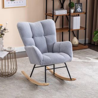 Direct Wicker Modern Teddy Fabric Tufted Upholstered Rocking Chair Padded Seat in Light Grey | Size: 1 Pack