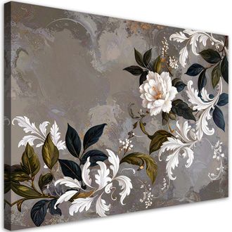 Feeby Cuadro En Lienzo Hojas De Acanto Laureles Blanco Y Beige 100x70