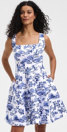 Lands End Princess Seam Poplin Above the Knee Dress in White/blue Toile at Nordstrom, Size X-Large