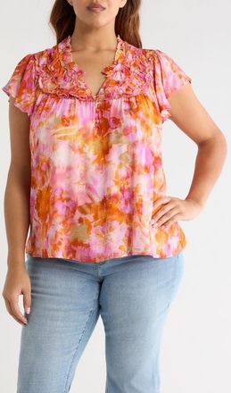 Liverpool L.A. Floral Print Flutter Sleeve Top in Orange/Pink Multi at Nordstrom, Size 2 X