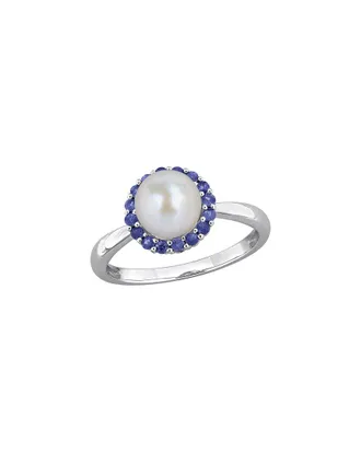 Rina Limor Silver 0.32 Ct. Tw. Sapphire & 7.0-7.5Mm Pearl Halo Ring