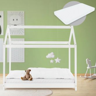 ML Design Ml-design - Cama Infantil Blanca Con Colch&oacute;n De Espuma Fr&iacute;a Hipoalerg&eacute;nica 80x160 Cm Techo Somier Estructura Listones De Madera Maciza De Pino Para Ni