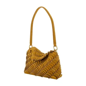 Paco Rabanne Womens Scalloped Leather Shoulder Bag Brown Calfskin