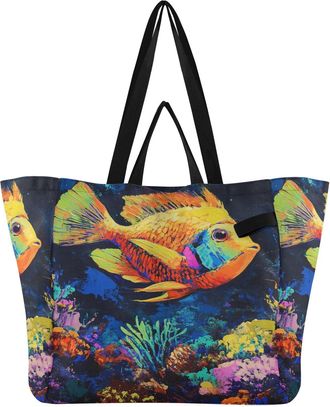 Generic Fish Coral Yellow pattern Reusable Canvas Tote Bag, Heavy Duty Grocery Shopping Bag with Large Capacity Hard Bottom Double Handles Work Groceries Trav