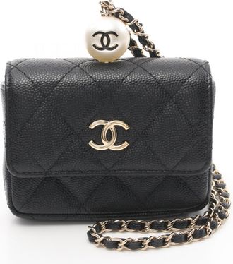 Chanel Black Leather Artificial Pearl Coin Purse/Coin Case (Pre-Owned)