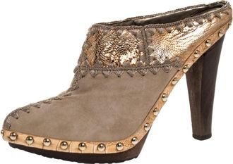 Sergio Rossi Beige Suede Stud Trim Wooden Platform Pointed Toe Mules