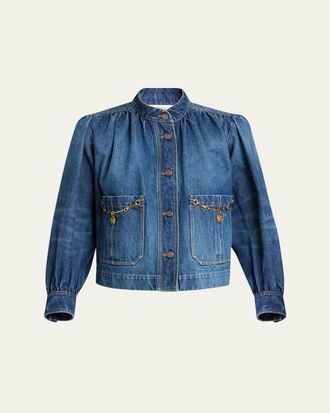 Chlo&eacute; Horse-Pendant Gathered Denim Jacket