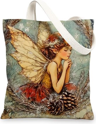 Generic Watercolor Christmas Fairy Canvas Tote Bag for Shopping 13x15, Fun Vintage Aesthetic Xmas Reusable Grocery Print Pattern Bag for Women, Holiday New Ye