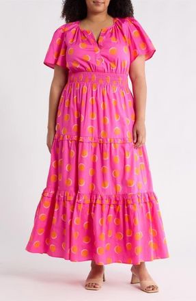 Sugarlips Jolene Print Tiered Maxi Dress in Fuchsia-Orange-Dot at Nordstrom, Size 3X