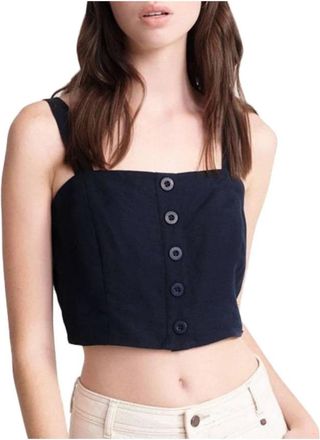 Superdry Navy Cropped Spaghettitop Eden - Dames - Tops zonder mouwen - Zwart - S - Linnen - Tops