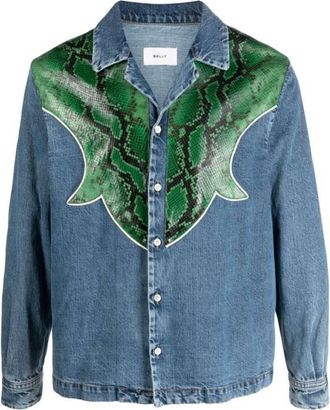 Bally Snakeskin Panelled Denim Shirt, Size Medium