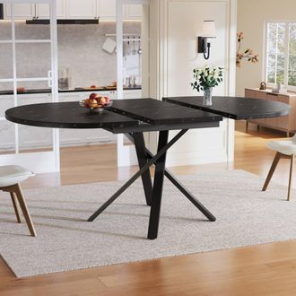 Matteo Round Extendable Dining Table - Marble Effect Top, Black Metal Base
