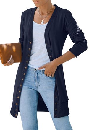 Merokeety Womens 2025 Fall Long Sleeve Cardigan Sweater Lightweight Snap Button Down Open Front Casual Outfit, Navy, L