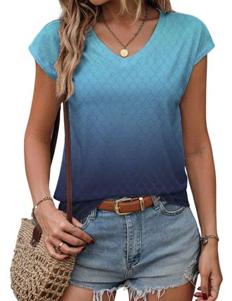 Zeagoo Tops for Lady Summer Vest Women Sleeveless Eyelet V Neck Loose Elegant Short Basic Blouse Casual Tank Top Classic Tshirts Cap Sleeve A-tie Green 2 M