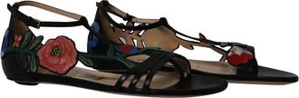 Gucci Womens Leather Ophelia Floral-Embroidered Flat Sandal (Authentic Pre- Loved)