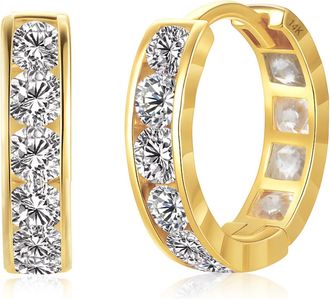 MAX + STONE Solid 14K Yellow Gold Cubic Zirconia Huggie Hoop Earrings in White, Pink or Red