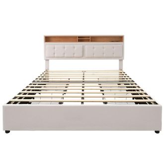 Urban Meuble Cama doble de lino beige con 4 cajones y cabecero con almacenaje