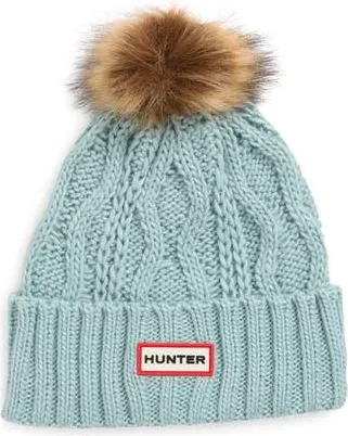 Hunter Logo Cable Knit Faux Fur Pompom Fleece Lined Beanie in Washed Blue at Nordstrom Rack