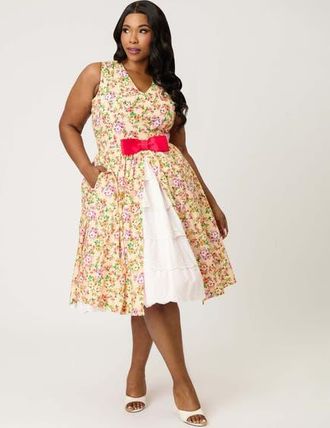 Unique Vintage Plus Size 1960s Garden Party Swing Dress in Beige W/Pink Bow Floral Print at Nordstrom, Size 4X