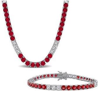 Delmar Lab Created Ruby & Lab Created White Sapphire Tennis Bracelet & Necklace Set in Red at Nordstrom Rack