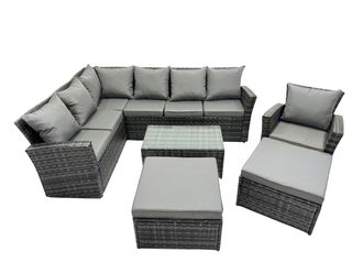 Fimous 9 Seat Rattan High Back Corner Sofa Set with 2 Big Stools in Dark Grey