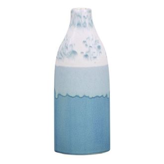 Beliani Florero Blanco Y Azul De Gres Patr&oacute;n Horizonte Azul Cielo 30 Cm Accesorio Decorativo Impermeable Callipolis