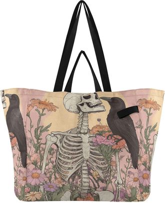 Generic Skeleton Pink Flowers print Reusable Canvas Tote Bag, Heavy Duty Grocery Shopping Bag with Double Handles Large Capacity Hard Bottom Work Groceries Tr