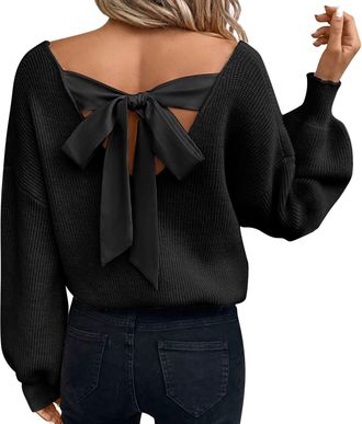 Generic Womens Jumpers Bow Open Back Long Sleeve Ribbed Knit Sweater Ladies Sexy Fashion Pullover Tops (Z02-Black, XL)