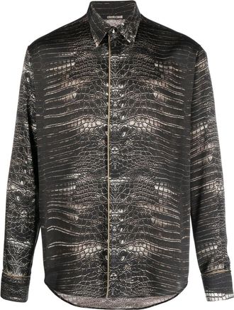 Roberto Cavalli snakeskin-print button-up shirt - men - Polyester/Elastane - 46 - Brown