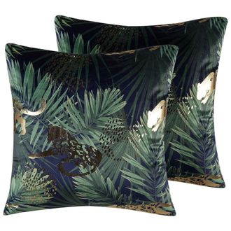 Beliani Beliani - Conjunto De 2 Cojines Decorativos De Terciopelo Verde Con Hoja De Palma 45 X 45 Cm Patr&oacute;n Floral Decoraci&oacute;n Retro Bellerose