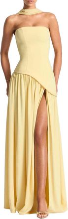 Generic Womens Line Strapless Long Dresses Satin Ruched Formal Prom Wedding Maxi Dress with Scarf Yellow
