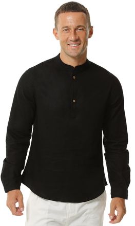 Hoerev Mens Henley Beach Long Sleeves Linen Cotton Shirt,X-Large,Black