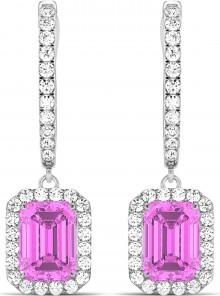 Allurez Emerald Shape Lab Pink Sapphire & Diamond Halo Dangling Earrings 14k White Gold (1.90ct)
