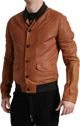 Dolce & Gabbana Mens Brown Lambskin Leather Perforated Jacket Cotton Clothing