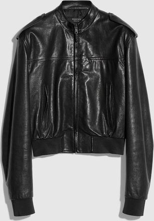 Gucci Grainy Soft Nappa Leather Bomber Jacket, Black