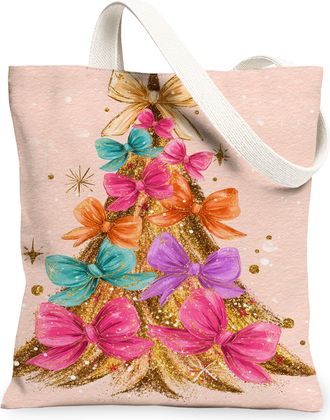 Generic Christmas Bows Canvas Tote Bags, Decorative Ribbon Pattern Reusable Grocery Bags, Winter Lightweight Washable Shoulder Stra, Peach, 13x15 Inch