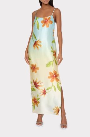 Milly Lily Floral Print Sleeveless Satin Maxi Dress in Yellow Multi at Nordstrom, Size 10