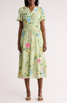 August Sky Floral Short Sleeve Tiered Midi Dress in Sage Multi at Nordstrom Rack, Size Medium