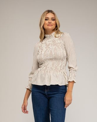 Tantra Langdurige blouse, gestreept met honingraatborduursel op de borst en manchetten