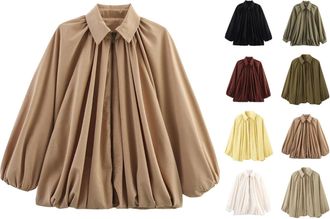 Generic Womens Puffed Bomber Jacket UK Batwing Sleeves Tops Oversized Trendy Streetwear Casual Lapel Collar Zip Front Pleated Shirts Lightweight Ruched Tunic 