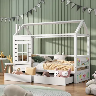 Merax Letto Per Bambini 90x200 Cm Con Protezione Per Finestra E Due Cassetti Portaoggetti, Letto A Soppalco Multifunzionale In Legno Di Pino Massello Per Ba