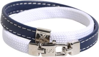 Dolce & Gabbana Blauwe Witte Leren Afwerking DG Gegraveerde Zilverkleurige Sluiting Armband